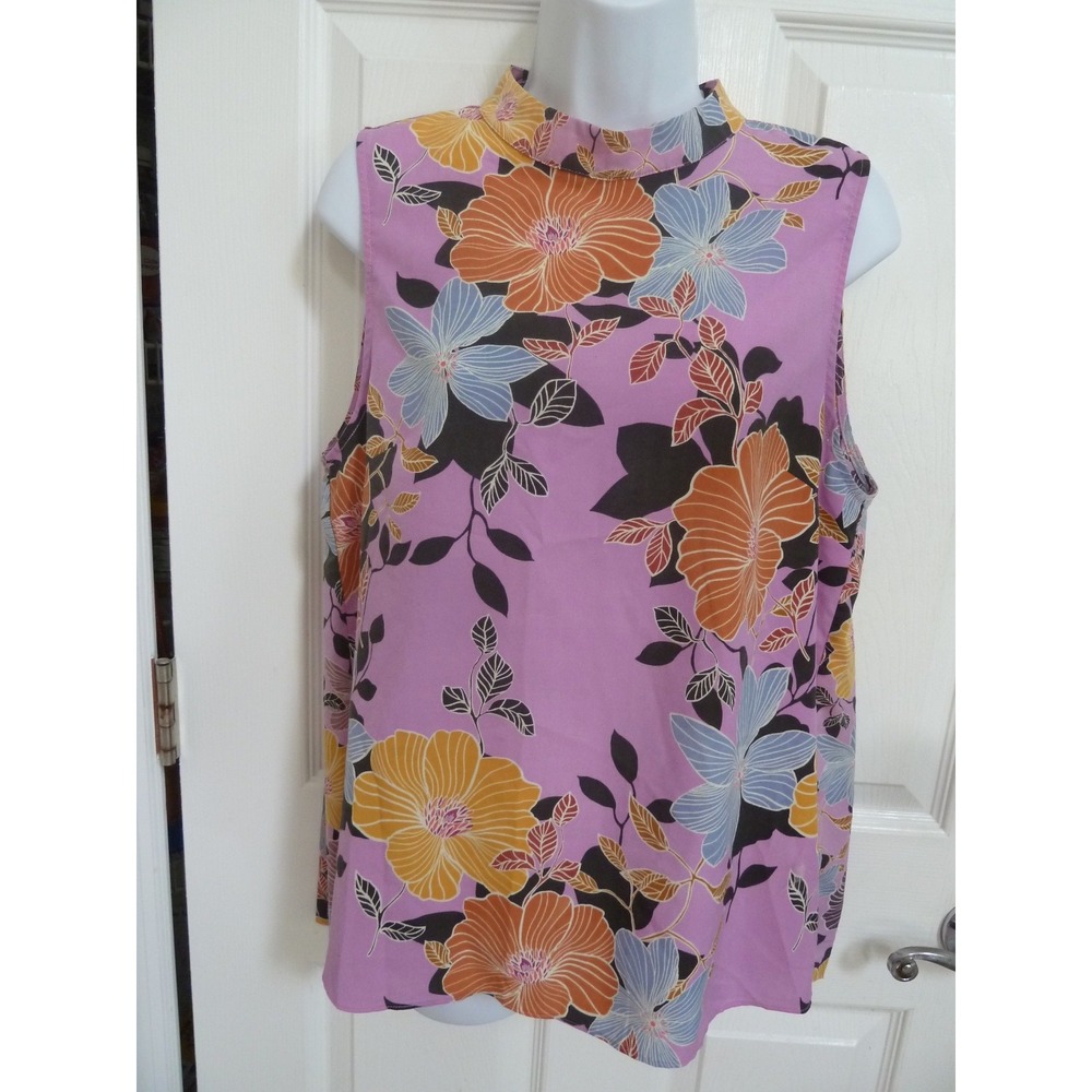 French Connection Womens Large High Neck Pleated Back Blouse Floral Multicolor